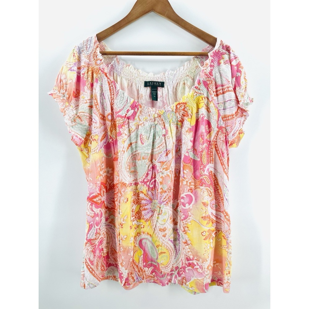 Lauren Ralph Lauren Pink & Yellow Paisley Peasant Blouse- Size XL